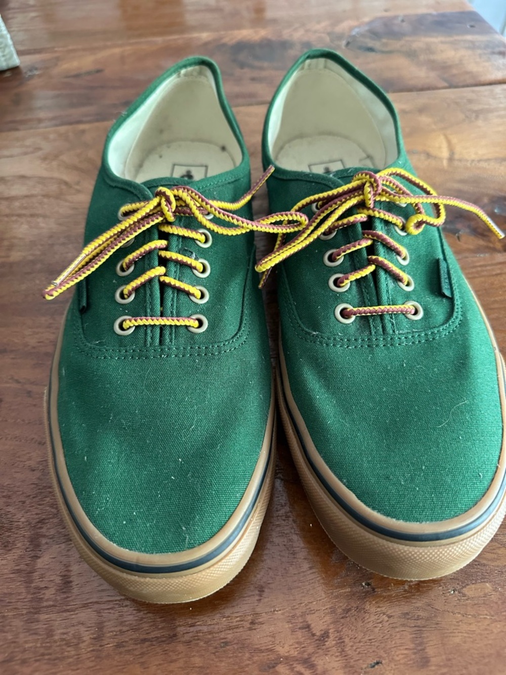 Vans Green Canvas Low-Top Sneakers with Yellow & Red Laces